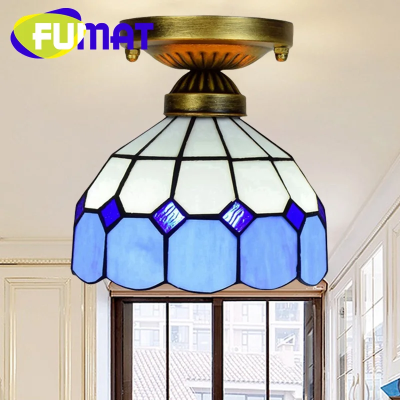 

FUMAT Tiffany style stained glass 8 inch Mediterranean blue white lattice ceiling light for hallway hallway balcony LED decor