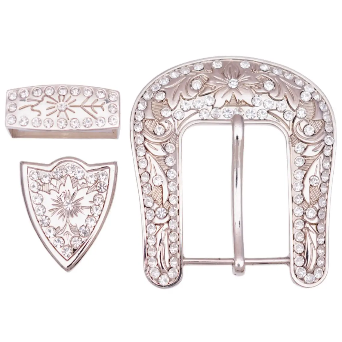 Huge Big Western Cowboy Rodeo buckle Set silver Floral Rhinestones 3 piece set belt buckle fit 40mm strap