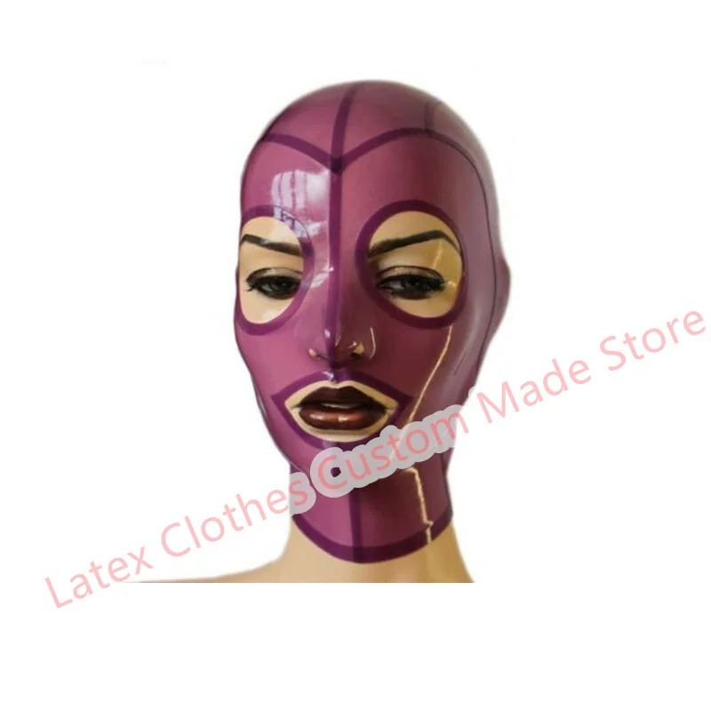 Transparent Purple Latex Hood Back Zipper Rubber Mask Sexy Fetish Cosplay Halloween Costumes for Men Women