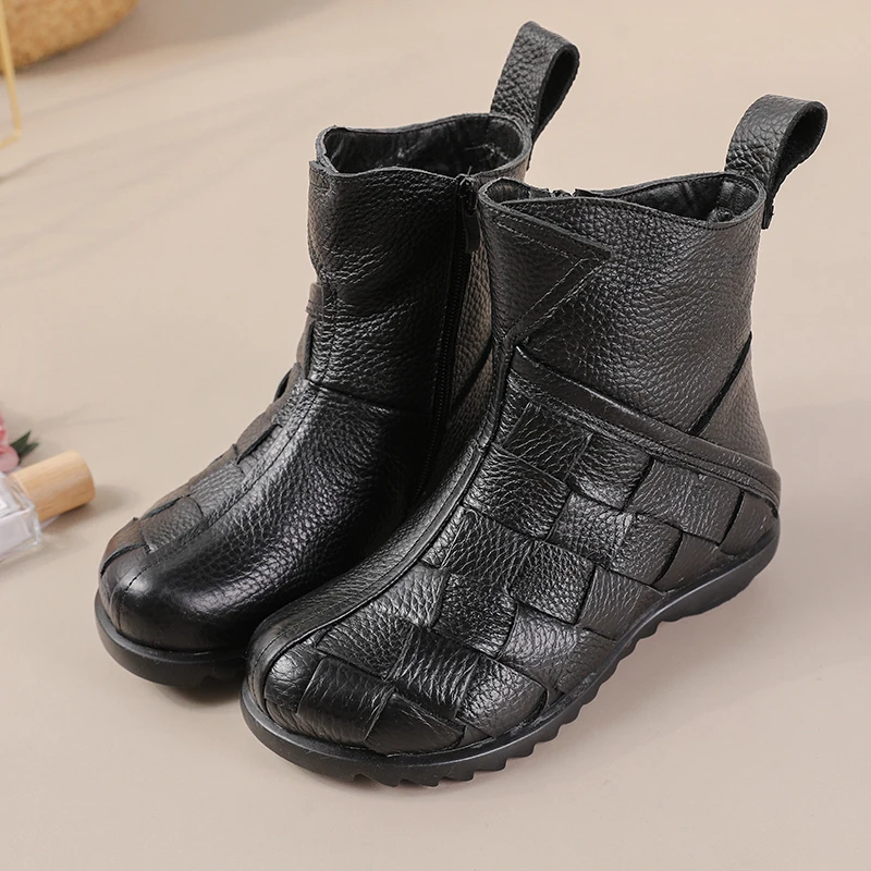 

Woven Ankle Boots for Women Side Zipper Vintage Retro Shoes Woman Low Heel Short Boots Ladies Genuine Leatheer Chelsea Booties