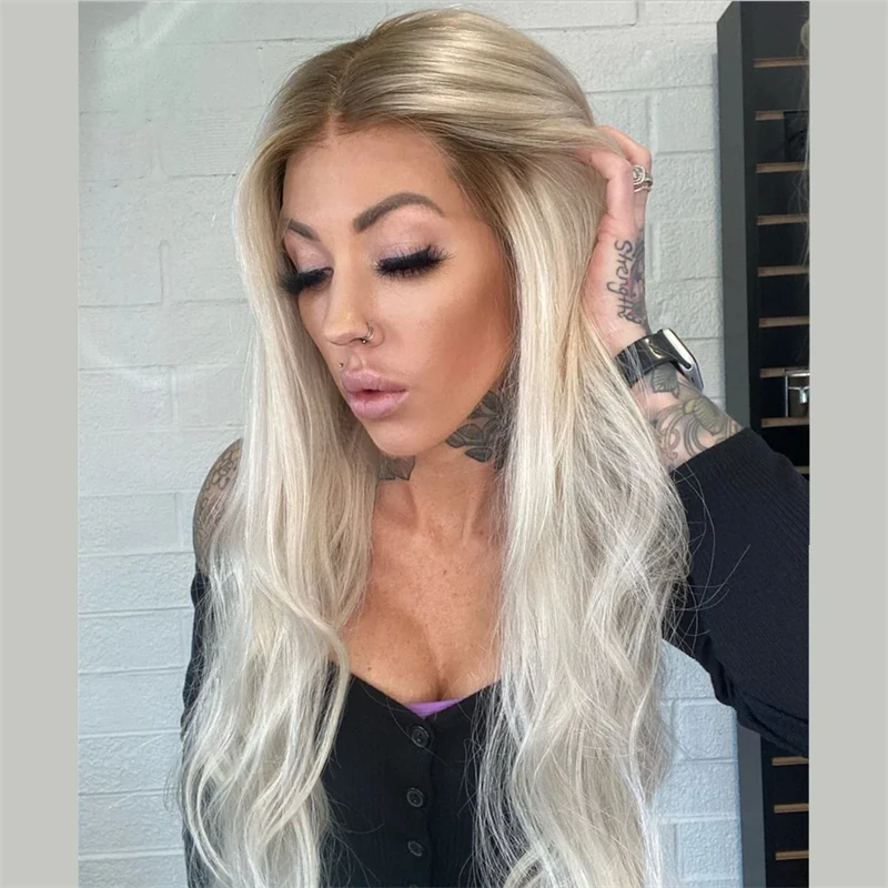 13x4 Ombre Platinum Blonde Wave HD Transparent Lace Front Wig Natural Preplucked Hairline With Baby Hair Human Hair Wigs 22 Inch