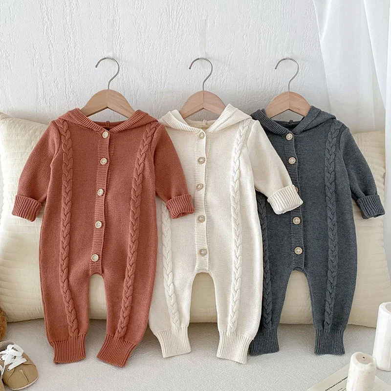 

2024 New Autumn Toddler Baby Girl Boys Knitted Romper Long Sleeved Solid Color Hooded Infant Baby Jumpsuit Children Clothes