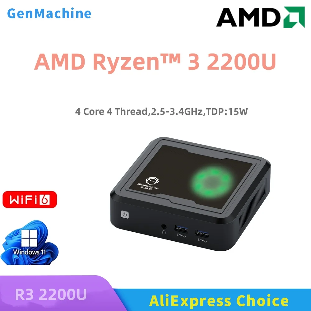Genmachine Mini PC AMD Ryzen R3-2200U DDR4, 4K Dual Display, 6x USB Ports for Home Office & Gaming Mini Pc Windows 11 Ryzen