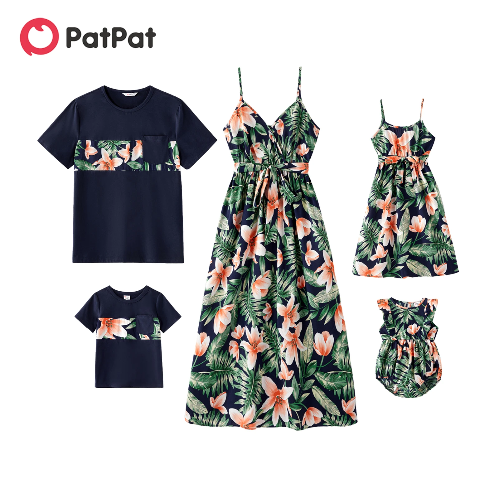 PatPat Family Matching Outfits Cotton Short-sleeve Spliced T-shirts and Allover Floral Print Belted Cami Dresses Clothes Sets