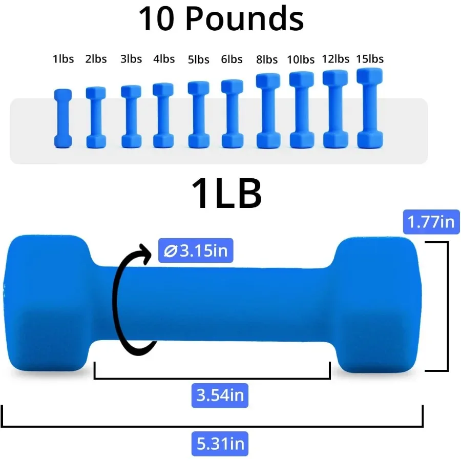 دمبل سداسي بـ 10 ألوان 1-15 رطل - نيوبرين غير قابل للانزلاق لصالة الألعاب الرياضية المنزلية