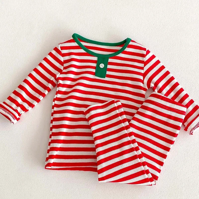 2024 New Year Clothing Suit Infant Baby Boys Girls Clothes Set Long Sleeved Cotton Striped T-shirt+Pants Christmas Costume