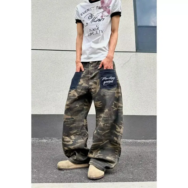 Men's Color Blocking Pocket Camouflage Casual Pants Young Boy Bottom Summer Street Sweatpants Male High Waist Y2k Cool Trousers