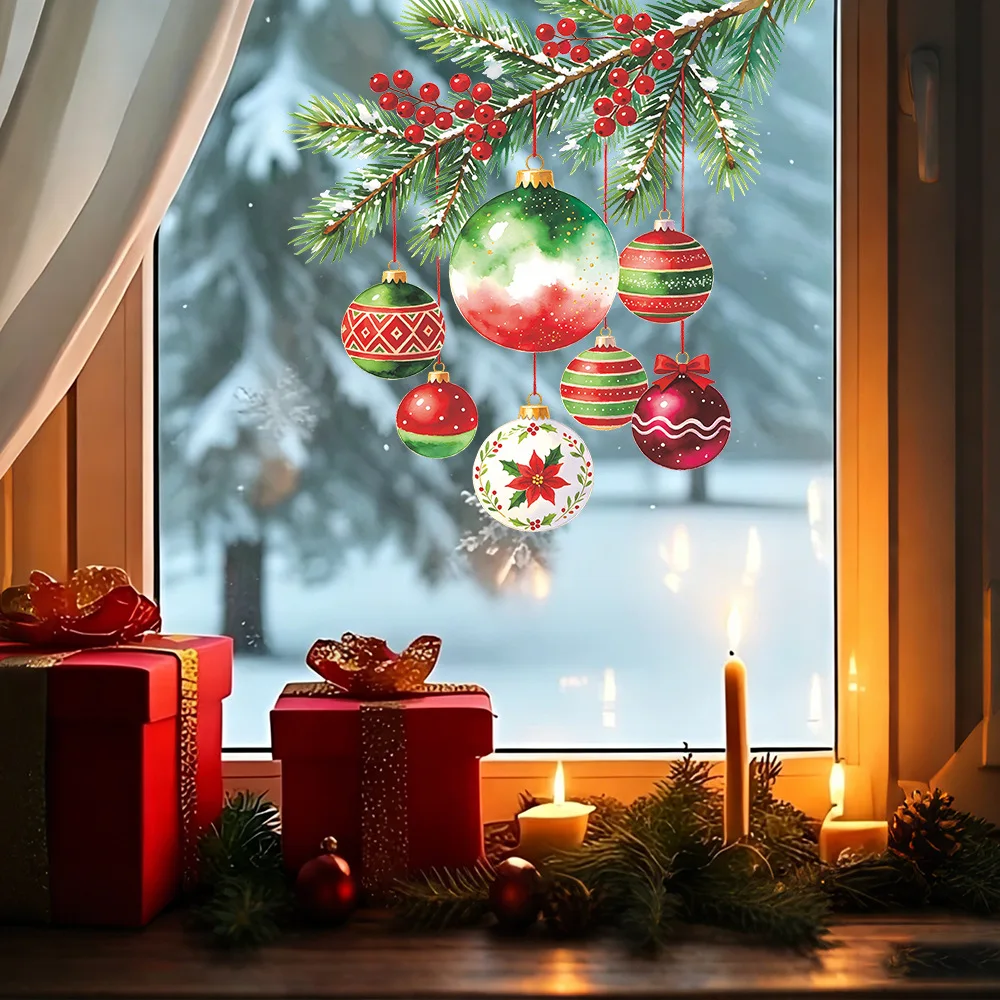 Christmas Watercolor Pine Branch Red Berry Window Decal, Festive Decor Sticker for Outdoor Balcony Glass Window Beautification