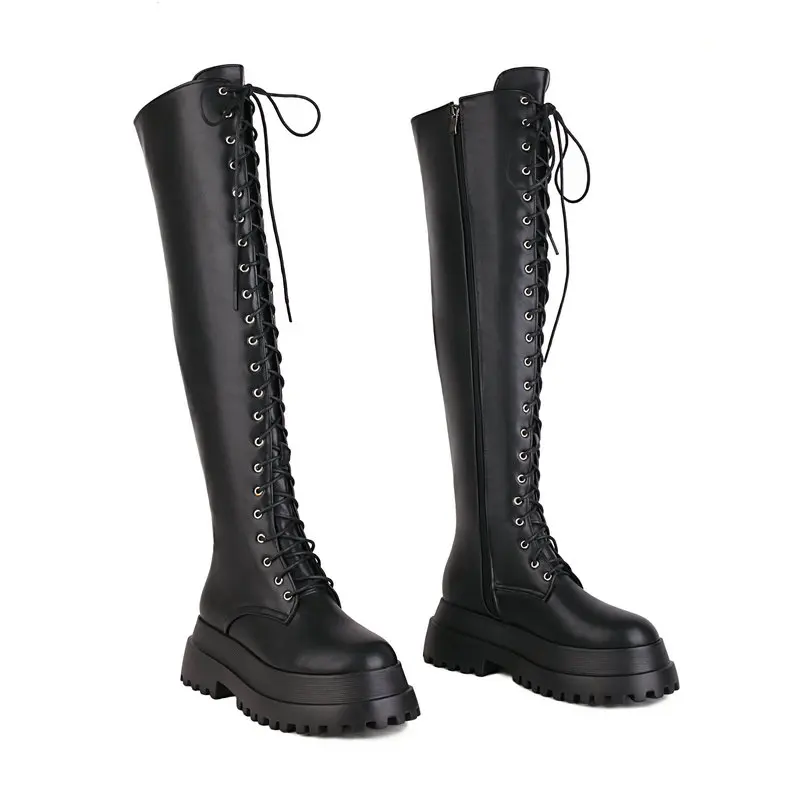 Patent Leather PU Black Punk Gothic Girls Winter Warm Shoes Lace-up Cross Tied Platform Thick Sole Flat Overknees Women Boots
