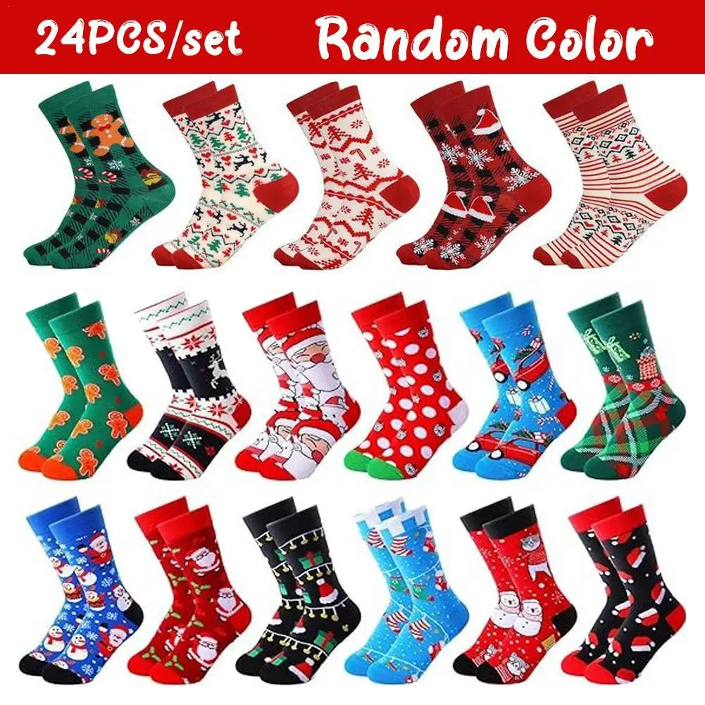 

12/24 Pairs Christmas Socks Fun Christmas Santa Claus Tree Snowflake Elk Cotton Crew Happy Socks New Year Fun Soken