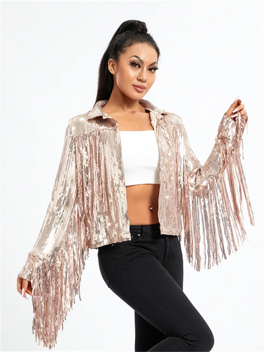 wsevypo 2023 Fall Shiny Sequins Tassels Blazers Jackets Women Long Sleeve Turn down Collar Cardigans Coats Retro  Disco Outwear