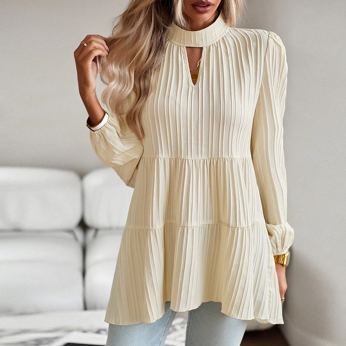 

Autumn Women's Shirt Office Lady Blouse Loose Tops Elegant Youth Woman Blouses Solid Streetwear Outfit Pleated Female Clothing