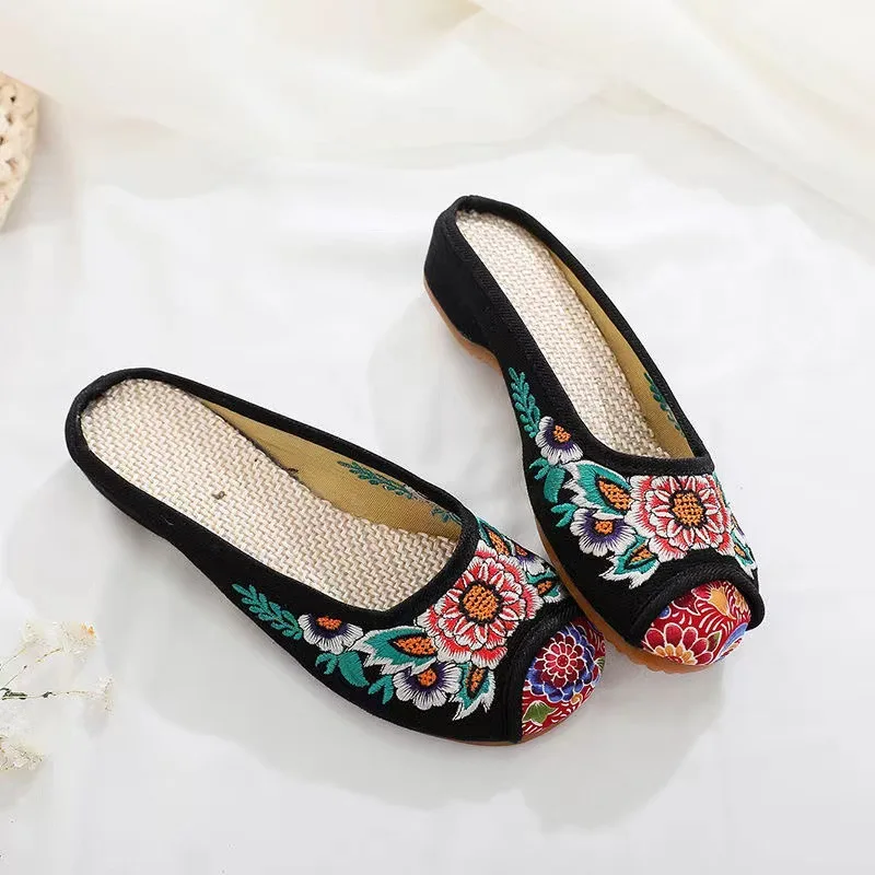 Old Beijing Cloth Shoes Women's Toe Cap Embroidered Height Increasing Insole Linen Ethnic Style Sandals Home Slippers