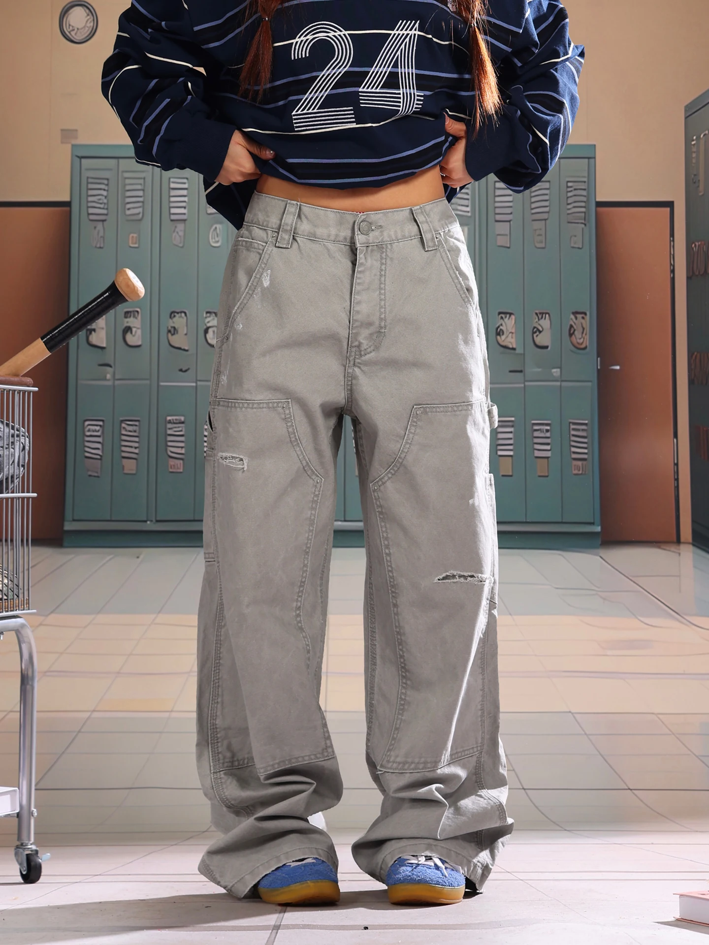 

Light Blue American Vintage Ripped Denim Jeans Women's Loose Wide Leg Pants Long Trousers Personali Early Spring Faion