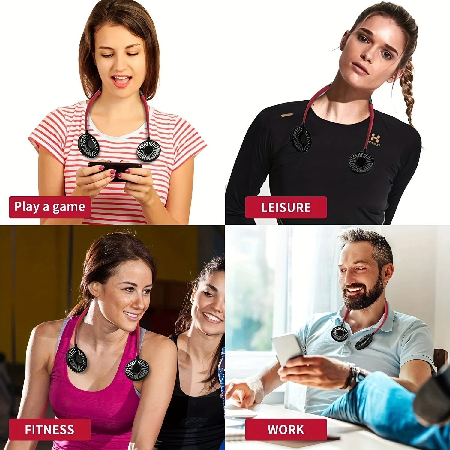 Upgraded Portable Neck Fan with Color Changing LED, Strong Airflow, Aromatherapy, and Lower Noise - Black Red - 360° Free Rotat