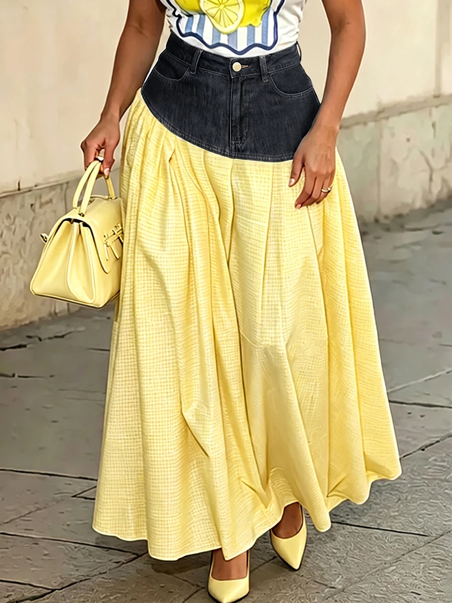 Freeacy 2026 Summer New Contrast Color Maxi Skirt for Women Denim Waistband A-line Pleated Flowy Yellow Skirt Elegant Bottoms