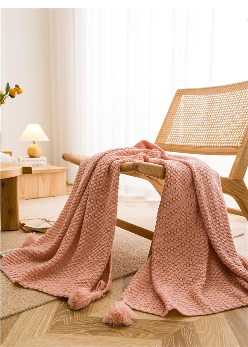 Nordische Decken für Bett, Sofa, Couch, grob gestrickte Tagesdecke, gestrickte Überwurfdecke mit Quaste, einfarbige Waffel-geprägte Decke – Detail 16