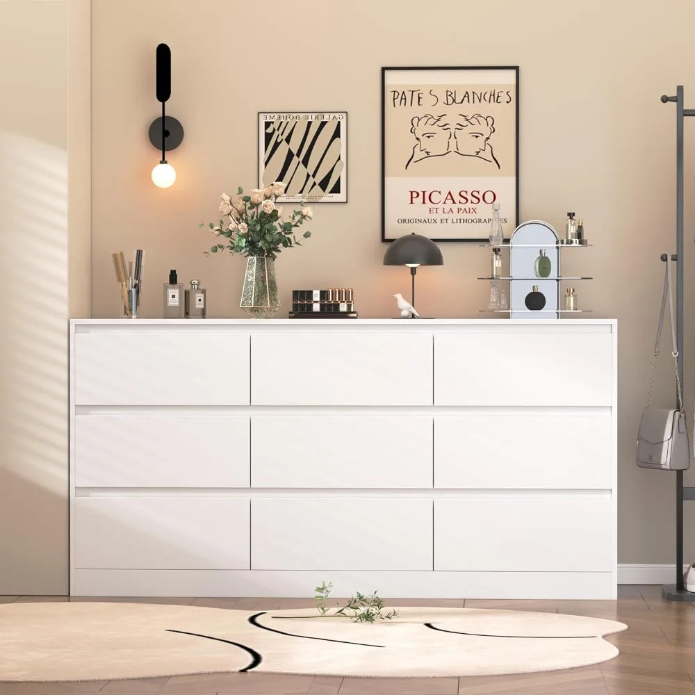 

White Dresser for Bedroom,Modern 9 Drawer Dresser for Closet,Wood Dressers with Deep Drawers for Kids Bedroom,Chest of Drawers