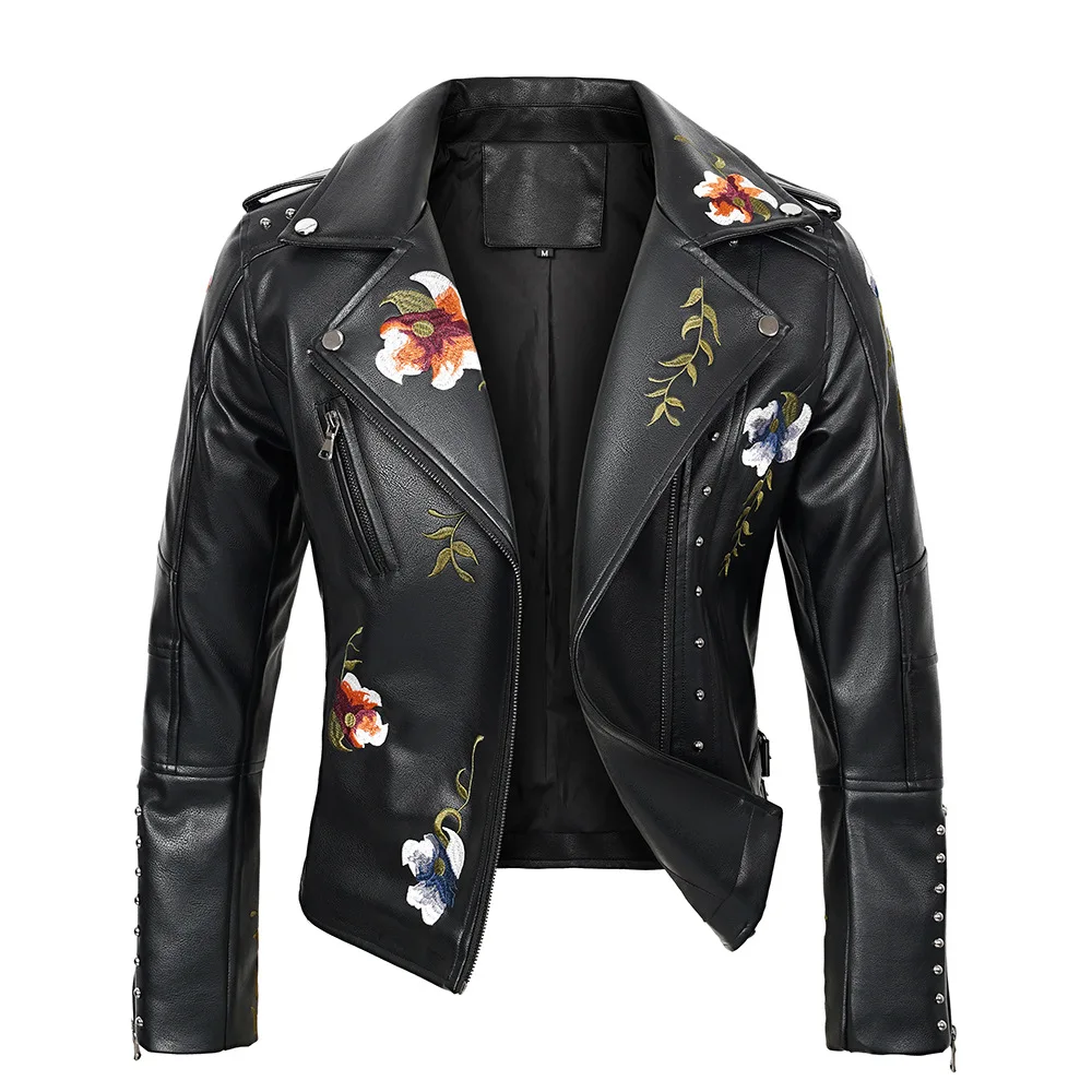 New embroidered women's PU leather jacket with rivets and zippers, fashionable motorcycle retro jacket, punk women's clothing