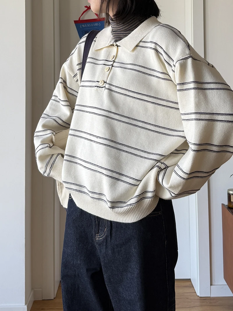 

Женский вязаный свитер Ele в полоску, свободный крой, для ношения под одеждой, осень-зима, в японском стиле, простой модный дизайн, с длинными рукавами