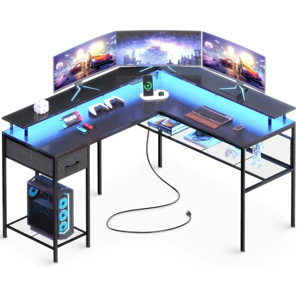 L Shaped Gaming Desk, Mesa do Computador com Prateleiras De Armazenamento, Luzes LED e Tomadas De Energia