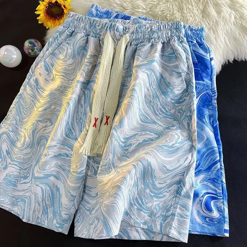 Tie Dyed Ice Silk Flower For Summer Loose Five Part Pants, Trendy Men's Beach Shorts