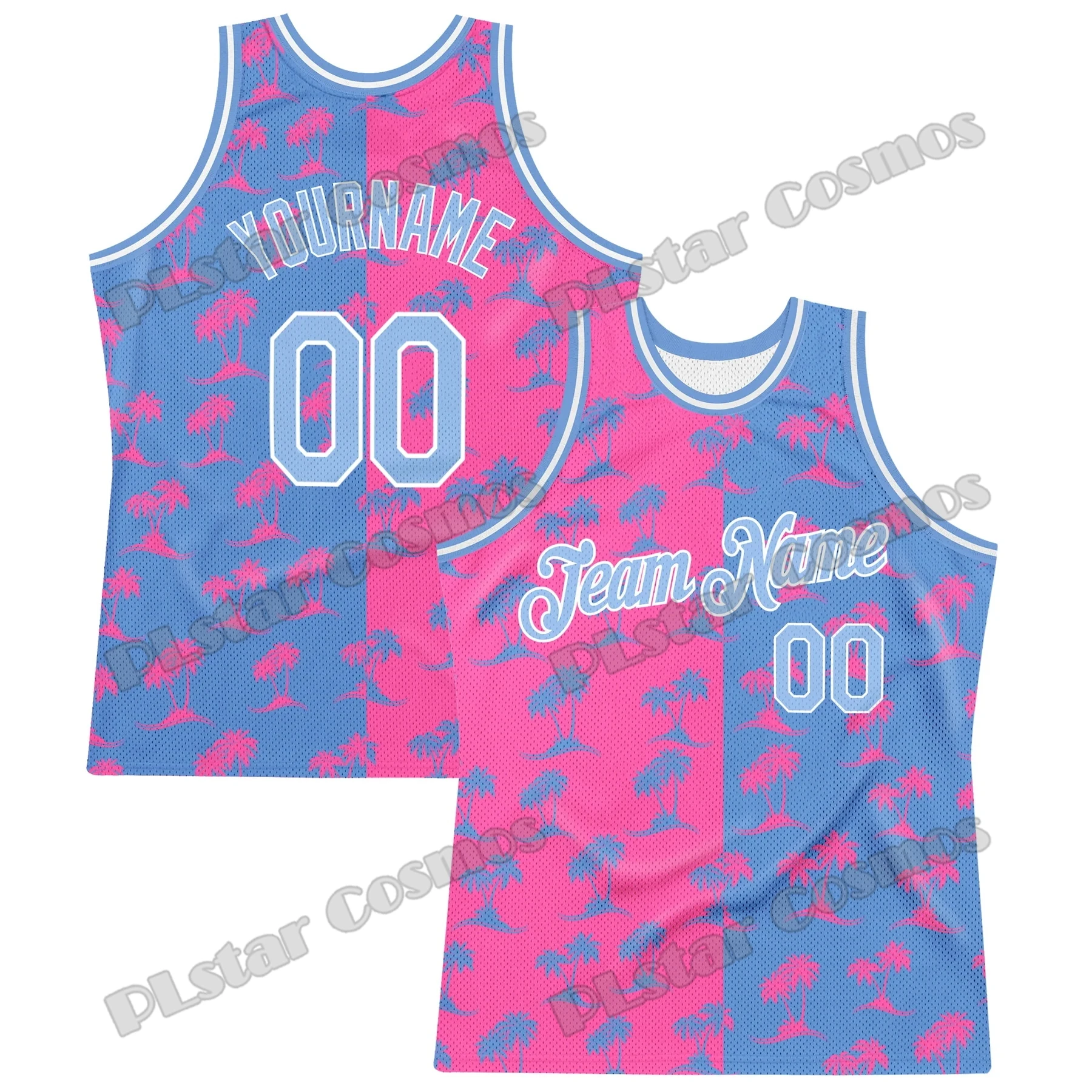 Custom Pink Light Blue Pattern Palm Trees Throwback Basketball Jersey 3D Printed Men Youth Summer Sport Basketball Vest LBX07