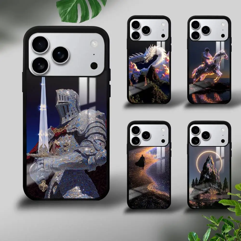 

1PC Luxury Knight Art Phone case For iPhone 17 16 15 14 13 12 11 Pro Max Mini Plus Hard Mirror Funda