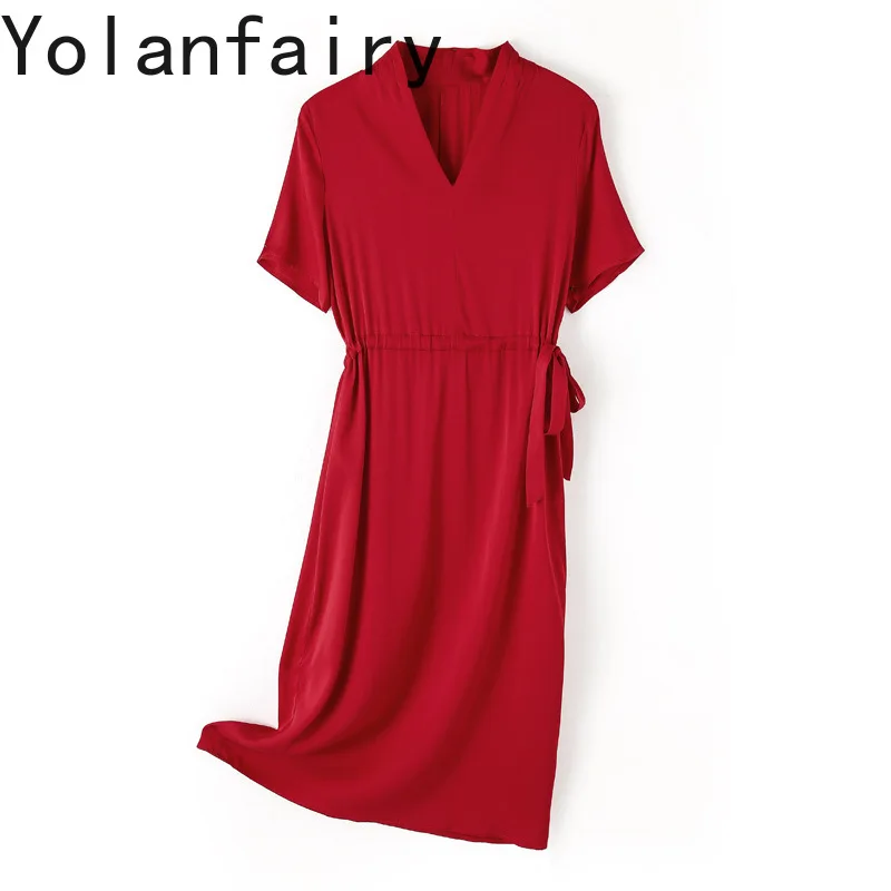YOLANFAIRY 91.8% Natural Mulberry Silk Dress for Women Korean Fashion OL Short Sleeve Dresses Woman Solid Red Dress Elegant 2026