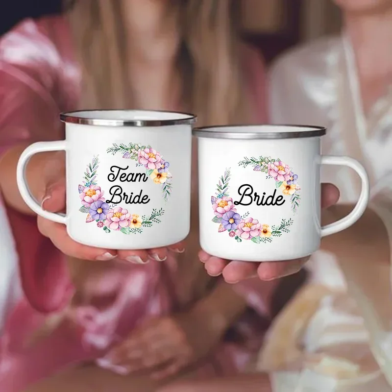 Bride Team Flower Print Enamel Mug Bachelorette Party Wine Juice Cup Bridesmaid Gift Coffee Cups Bridal Wedding Shower Gifts