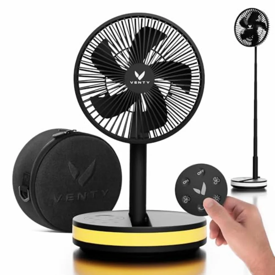 Portable Fan for Cruise Travel Outdoor RV Use Wireless Battery Operated, 4 Speeds, LED Lighting, Black with Carry Case Remote C