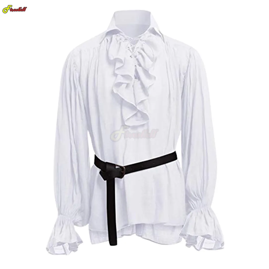 Mens Halloween Lace Up Pirate Shirt Medieval Vampire Prince Poet Shirts Buccaneer Frills White Vintage Gothic Blouse Tops