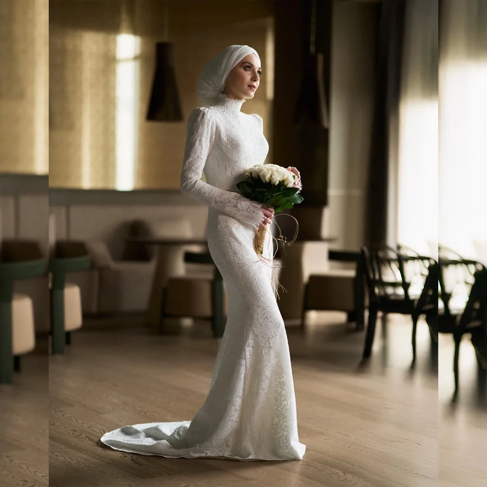 

Lace Wedding Dresses High Ncek Long Sleeve Luxury Women Dress Mermaid Sweep Train Bridal Gowns Customized vestidos de novia