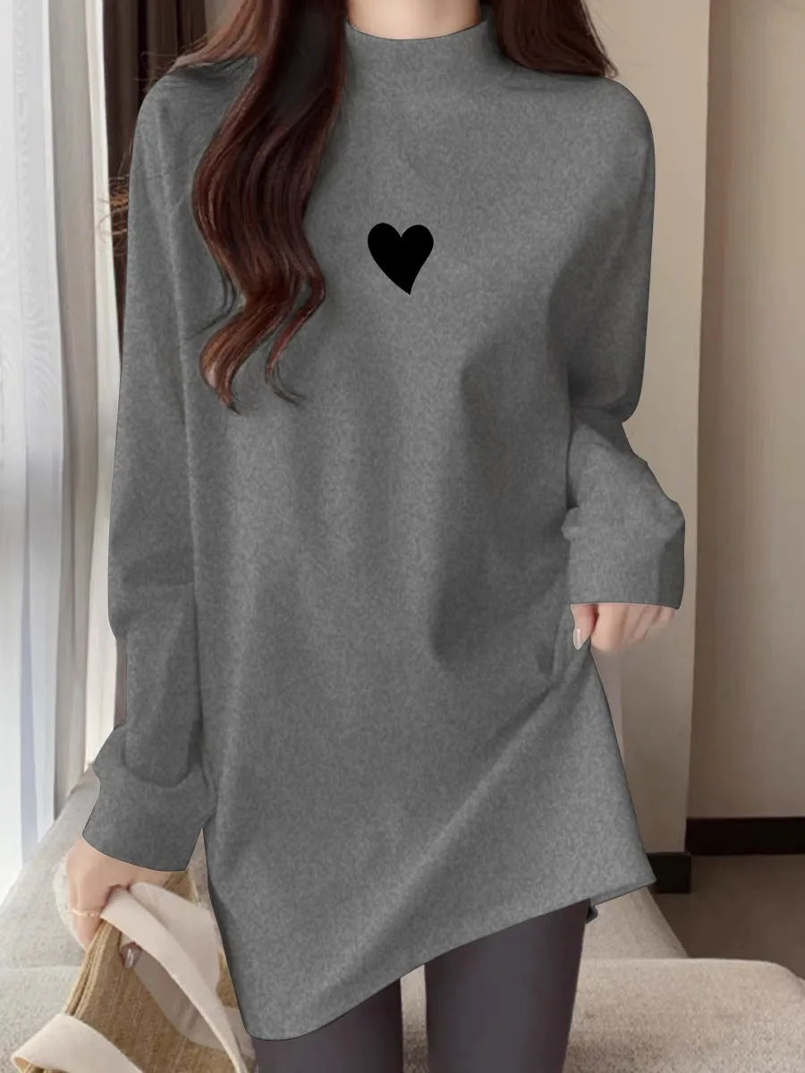 

Женская удлиненная утепленная футболка с высоким воротником для весны и осени, в комплекте с брюками и худи