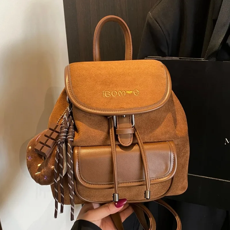 Winter Retro Suede Women Backpack Korean Casual Mini Backpack Preppy Commuter Daypack Student Schoolbags Outings Travel Rucksack