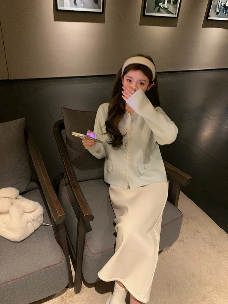 

Chen Daya Lace Trim Knitwear Jaet Women's Autumn Winter ort Sve Long Sve Sweater Outerwear Comfortable Breathable