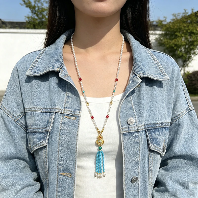 Natural pearl necklace with ancient-style sand-gold gourd stone tassel detachable pendant sweater chain, 85cm.