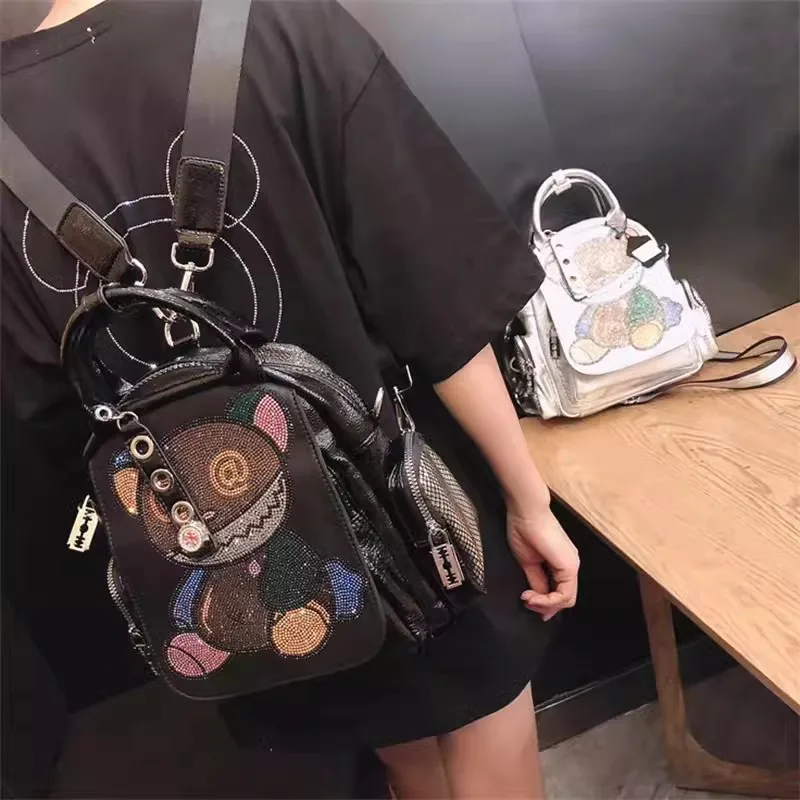 Cute Bear Glitter Diamonds Fashion Backapacks Large Capacity Women's Handbag Shoulder Messenger Bag Lady Purse Female Travel Bag