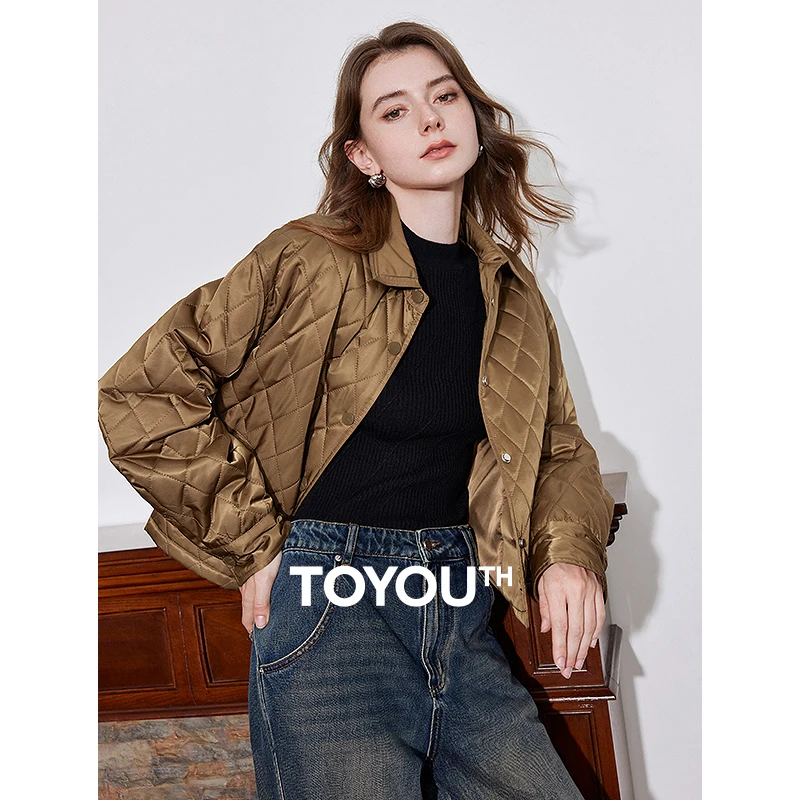 TOYOUTH Women Cotton Jacket 2024 Autumn and Winter New Old Money Style Grid POLO Collar Snap Button Short Jacket Coat Brown