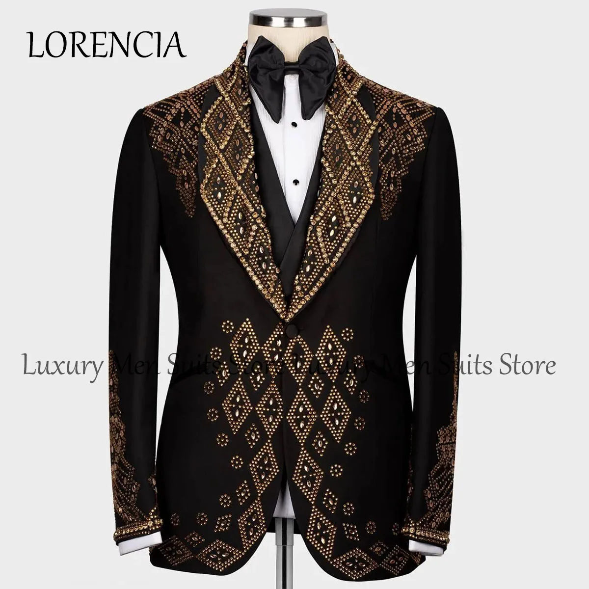 Customized Beaded Crystals Men Suits Peaked Lapel Groom Wedding Tuxedos 3 Pieces Sets Male Party Blazers Slim Fit Costume Homme