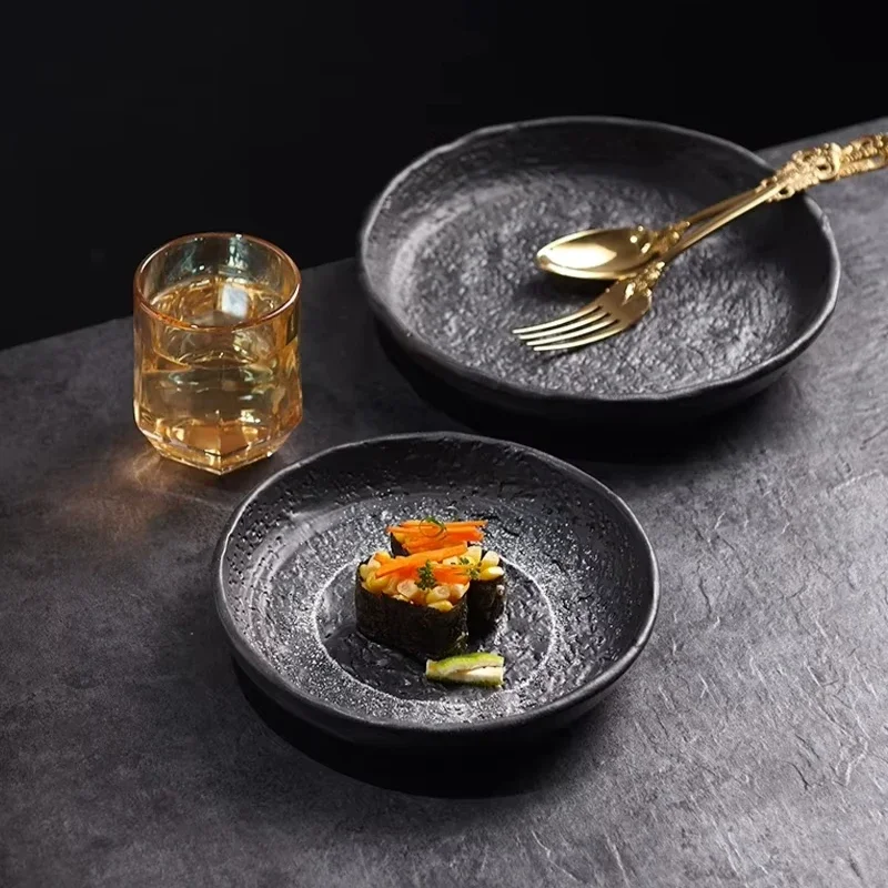 Stone Pattern Relief Dining Plate Ceramic Salad Plate Steak Plate Cake Dish Italian Noodle Plates Retro Ceramic Tableware