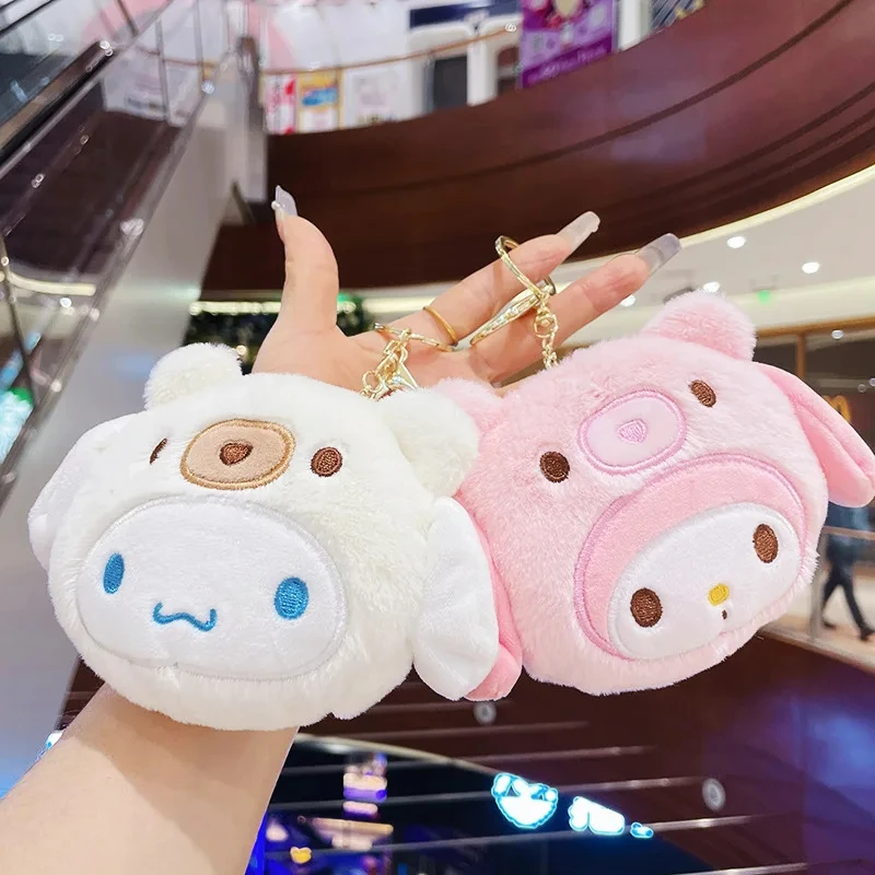 Kawaii Sanrio llavero de felpa cartera Cinnamoroll monedero llavero Kuromi bolsa de almacenamiento de peluche auricular Mini billetera juguetes niñas