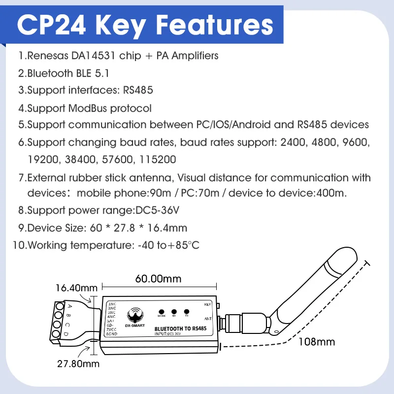 DX-CP24 변환기 PC RS485용 유선 장치를 무선으로 Bluetooth 직렬 어댑터 산업용 무선 Bluetooth 통신
