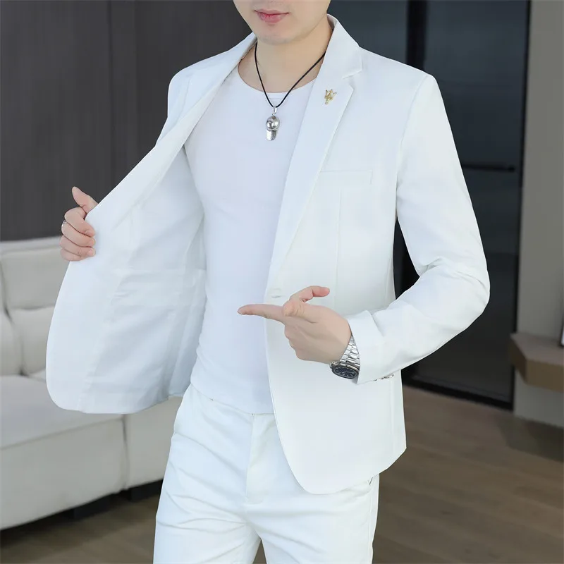 

Мужской повседневный белый костюм-двойка в корейском стиле: элегантный, приталенный, с одной пуговицей и отложным воротником