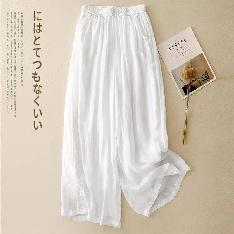 Pantaloni casual da donna in lino di cotone a gamba larga da nove piedi Ele con ricamo drappeggiato allentato primavera estate nuovo arrivo