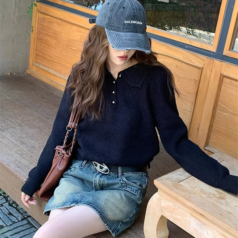 2026 Chic Turn Down Collar Knitted Sweaters Women Button Up Solid Color Sweater Pullovers Woman Korean Long Sleeve Jumpers Mujer