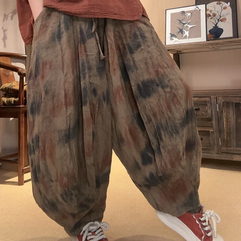 

2026 New Arrival Spring Women Ankle-length Pants Casual Loose Cotton Linen Elastic Waist Tie Dye Design Bloomers Pants Y179