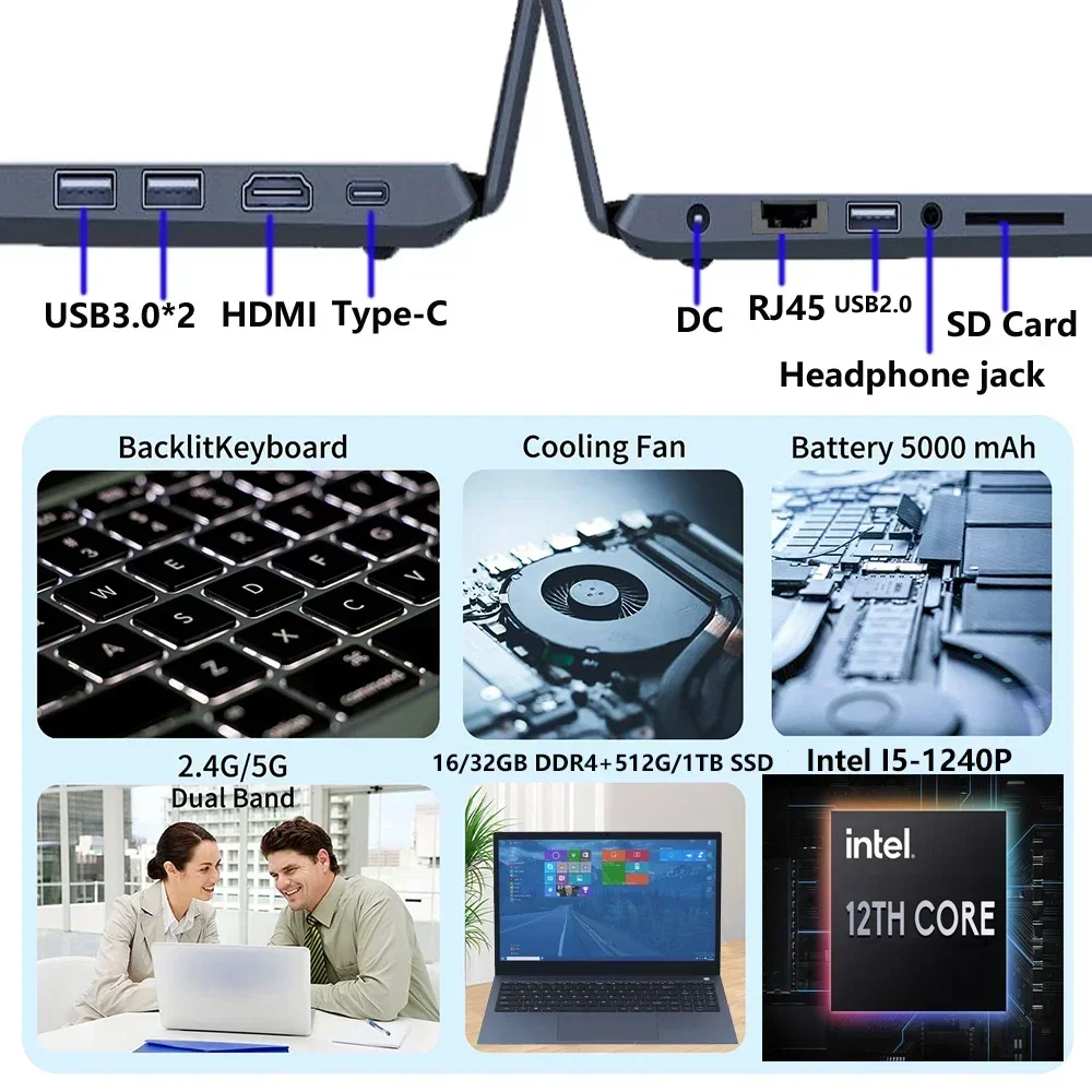 Ordenadores portátiles de 12ª generación para negocios, 12 núcleos, Windows 11, Intel I5-1240P, 32GB de RAM + 2TB, RJ45, WiFi