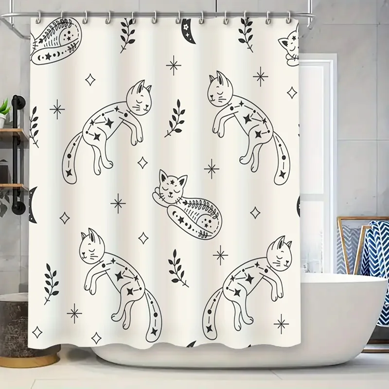

Whimsical Cat Constellation Shower Curtain Black White Cartoon Print for Bathroom Decor in Various Sizes Polyester Fabric Water