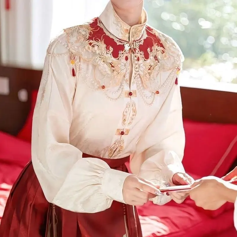 Vintage Embroidery Ethnic Style Hanfu Poncho Capes Cloak  Buckle Pearl Tassel Shawls Wraps Women Fashion Qipao Cloud Shoulder view 4